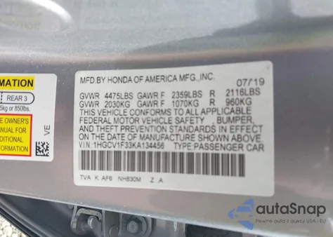 2019 Honda Accord Sport from USA, damaged, VIN 1HGCV1F33KA134456